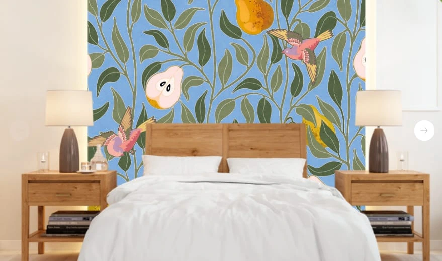 Фотообои в интерьере - минимализм, с фруктами, с листьями, синяя, груша