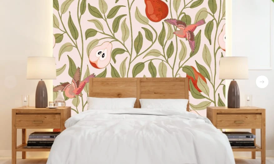 Фотообои в интерьере - минимализм, с фруктами, с листьями, розовая, зеленая, груши, птицы, красный