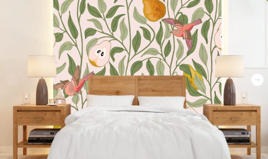 Фотообои в интерьере - минимализм, с фруктами, с листьями, розовая, зеленая, груши, птицы, оранжевые