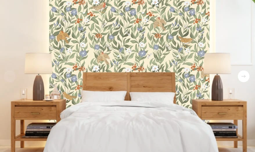 Фотообои и фрески в интерьере - минимализм, узоры, с цветами, с листьями, с птицами, зеленая, синяя, красная