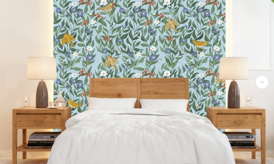 Фотообои в интерьере - минимализм, узоры, с цветами, с листьями, с птицами, синяя, голубая