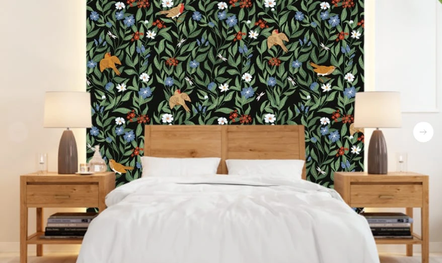 Фотообои в интерьере - минимализм, с цветами, с листьями, с птицами, на черном фоне, зеленая