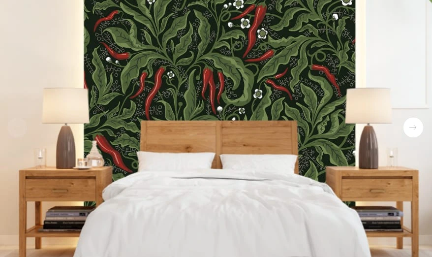 Фотообои в интерьере - минимализм, с листьями, перцы, зеленая, красная, черные