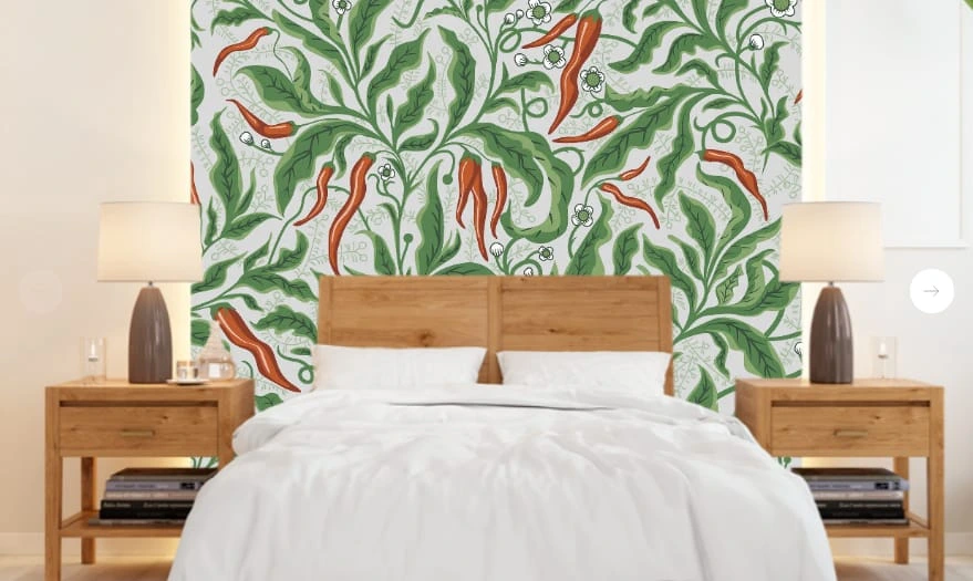 Фотообои в интерьере - минимализм, с листьями, перцы, зеленая, красная, белая
