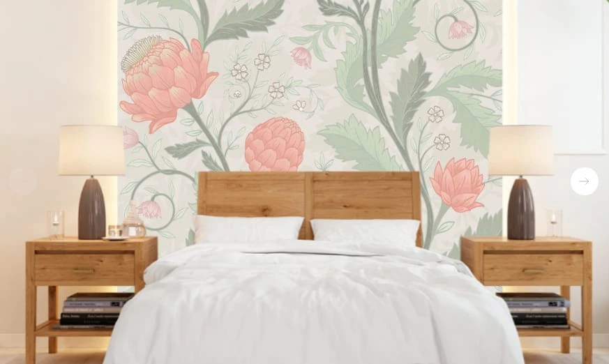 Фотообои в интерьере - минимализм, с листьями, с цветами, зеленая, розовая, светлая, светло зеленая