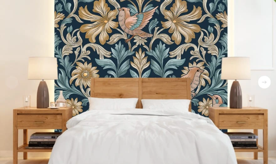 Фотообои в интерьере - минимализм, узоры, с цветами, с листьями, с птицами, бежевая, синяя, бирюзовая