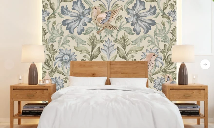 Фотообои и фрески в интерьере - минимализм, узоры, с цветами, с листьями, с птицами, кремовая, голубая, зеленая