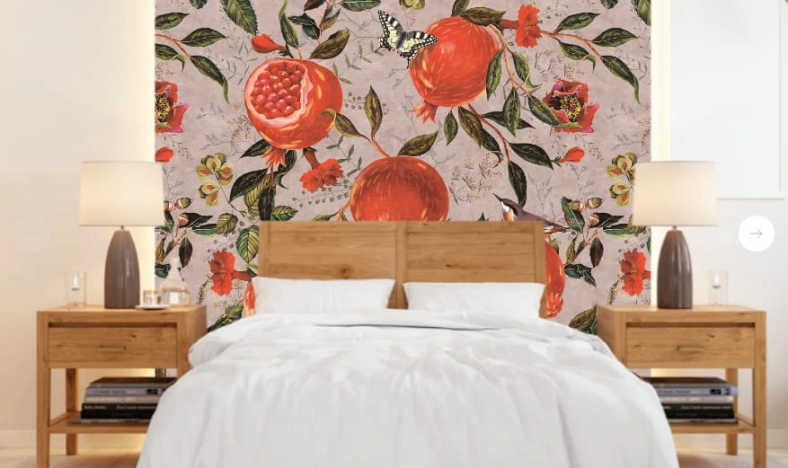 Фотообои и фрески в интерьере - цветы, с фруктами, гранат, бежевая, красная, яркая