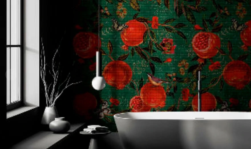 Фотообои в интерьере - цветы, с фруктами, гранат, зеленая, красная, яркая