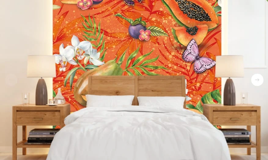Фотообои в интерьере - цветы, с фруктами, папайя, оранжевый, красный, с ягодами