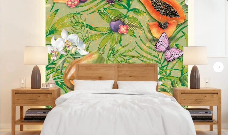 Фотообои в интерьере - цветы, с фруктами, папайя, зеленая, рыжий, с ягодами