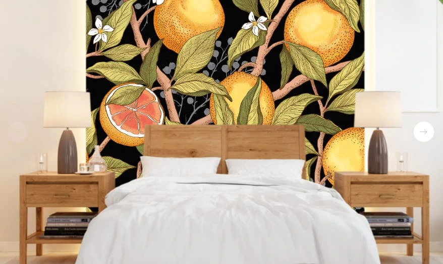 Фотообои в интерьере - цветы, с фруктами, апельсины, черные, на черном фоне, оранжевая, зеленая