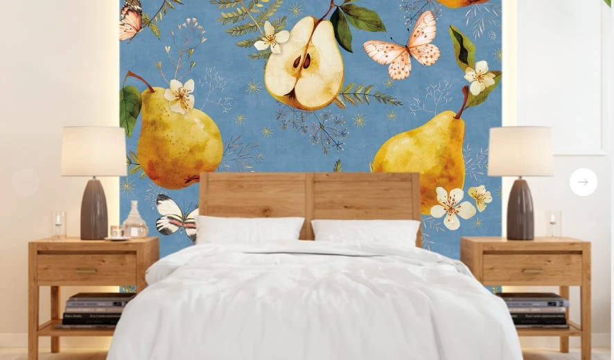 Фотообои и фрески в интерьере - цветы, с фруктами, груши, синий, желтая, бабочки