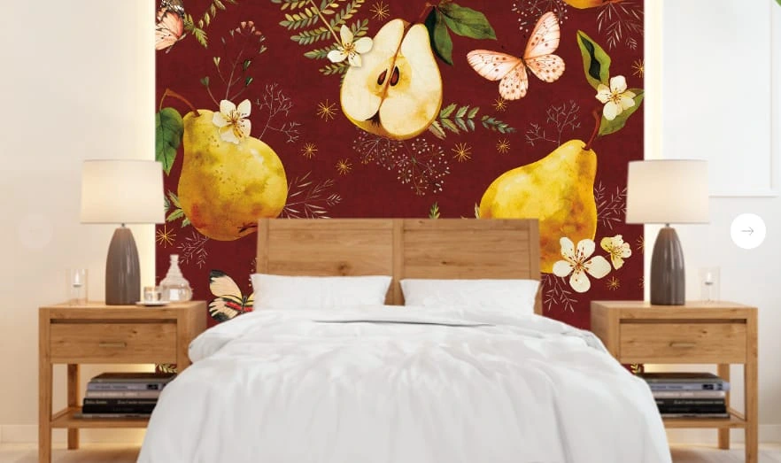 Фотообои в интерьере - цветы, с фруктами, груши, желтая, кофе фреско красный, бардоваяцветы, с фруктами, груши, желтая, кофе фреско красный, бардовая