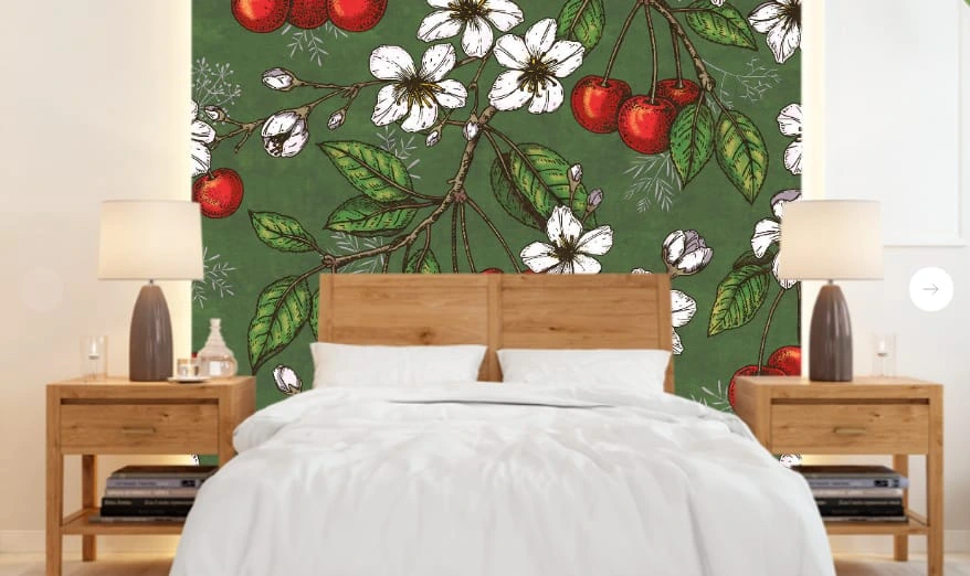 Фотообои и фрески в интерьере - цветы, обои ягоды, обои с ягодами, обои с ягодами на стену, флизелиновые зеленые обои с ягодами, зеленая, вишня