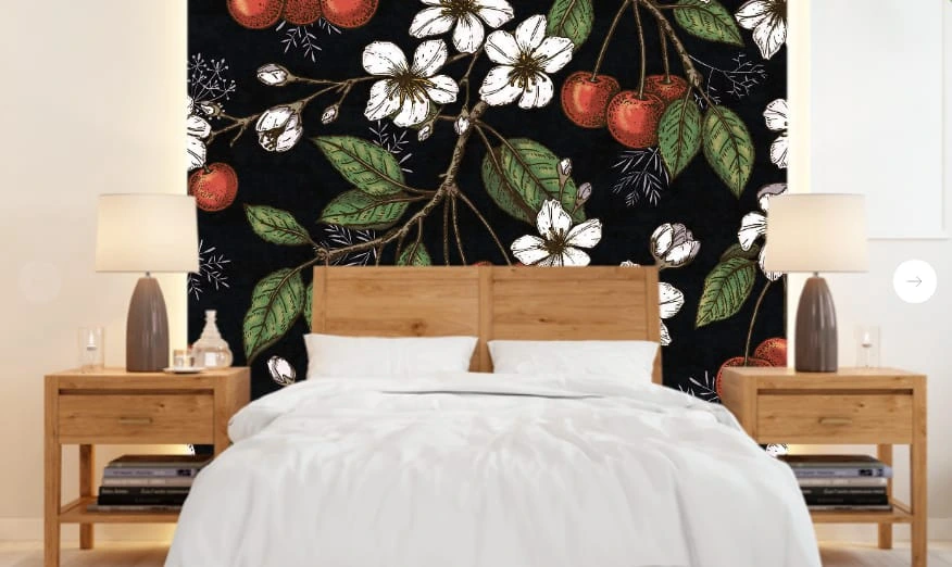 Фотообои в интерьере - цветы, обои ягоды, обои с ягодами, ягоды фрукты обои, черные, на черном фоне, вишня