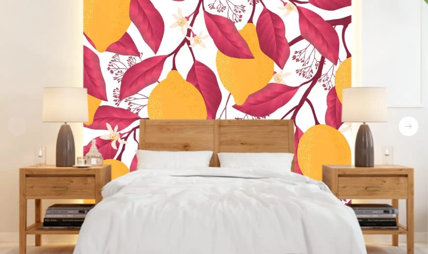 Фотообои и фрески в интерьере - цветы, с фруктами, с листьями, лимоны, желтая, розовая, на белом фоне