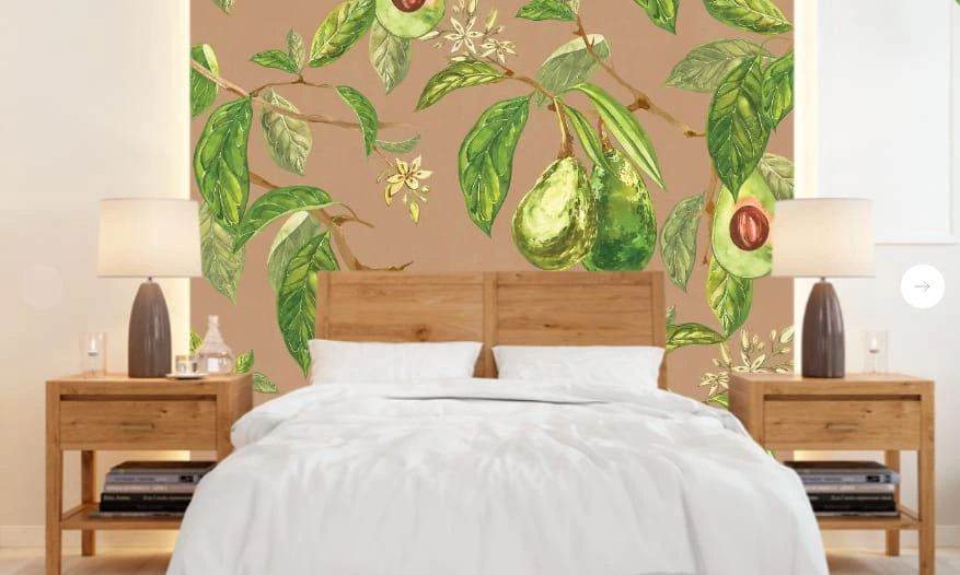 Фотообои и фрески в интерьере - цветы, листья, фрукты, овощи, авокадо, зеленая, на бежевом фоне, с авокадо