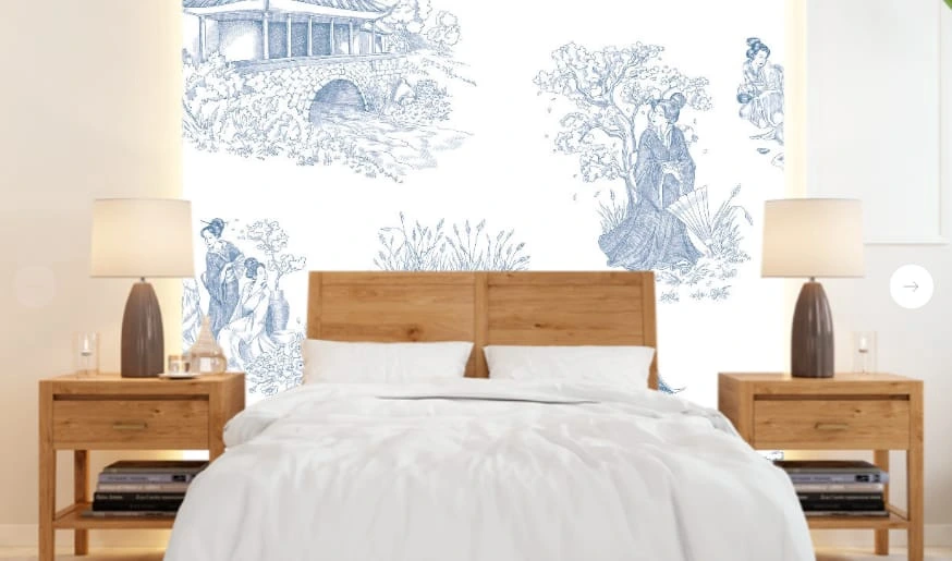 Фотообои и фрески в интерьере - графика, японские, стильные, нежная, голубая, серо-голубая, на белом фоне