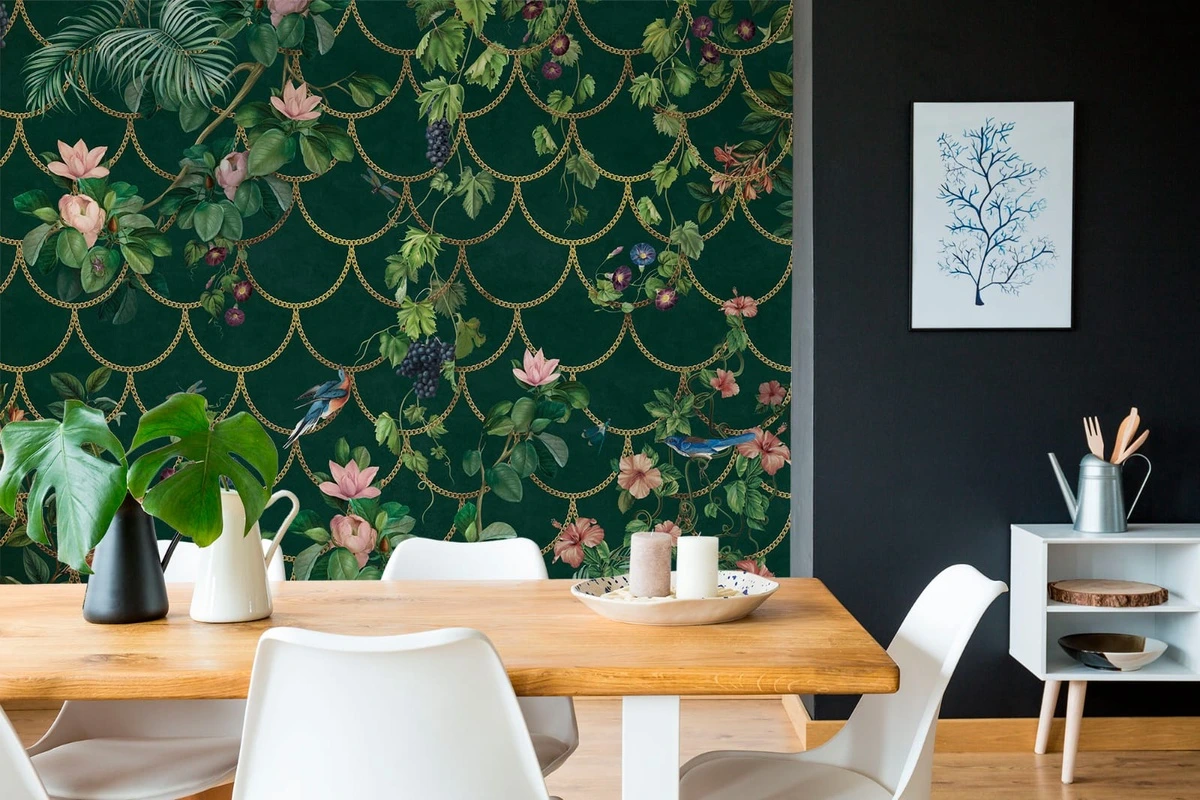 Фотообои в интерьере - шинуазри, цветы, листья, цепи, зеленая, яркая