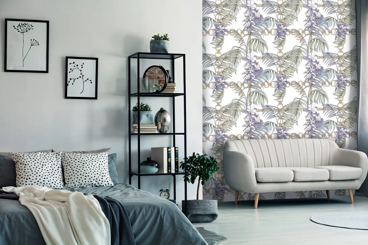 Фотообои в интерьере - шинуазри, цепи, листья, цветы, на белом фоне