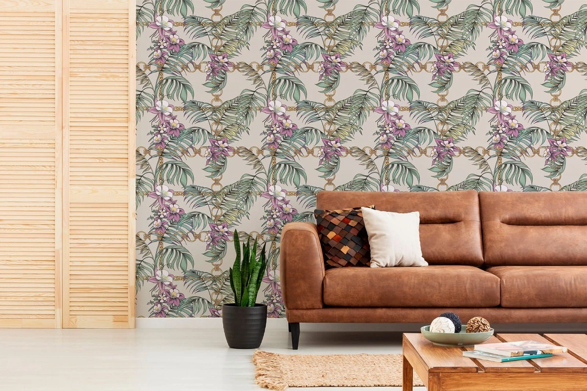 Фотообои в интерьере - шинуазри, цепи, листья, цветы, розовая, на розовом фоне, на бежевом фоне