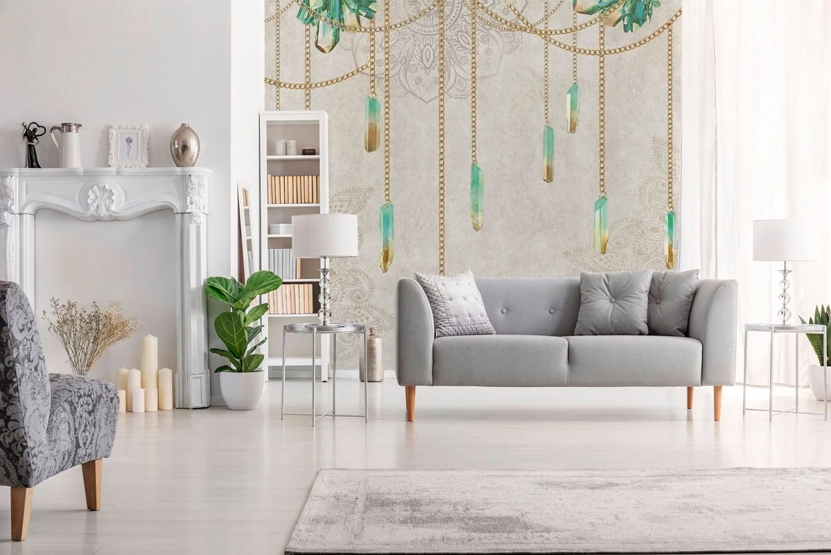 Фотообои в интерьере - графика, цепи, подвесы, кристалы, бежевые