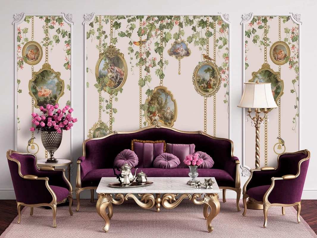 Фотообои в интерьере - живопись, картины, медальоны, ветки, листья, лианы, зеленая, розовая, кремовая