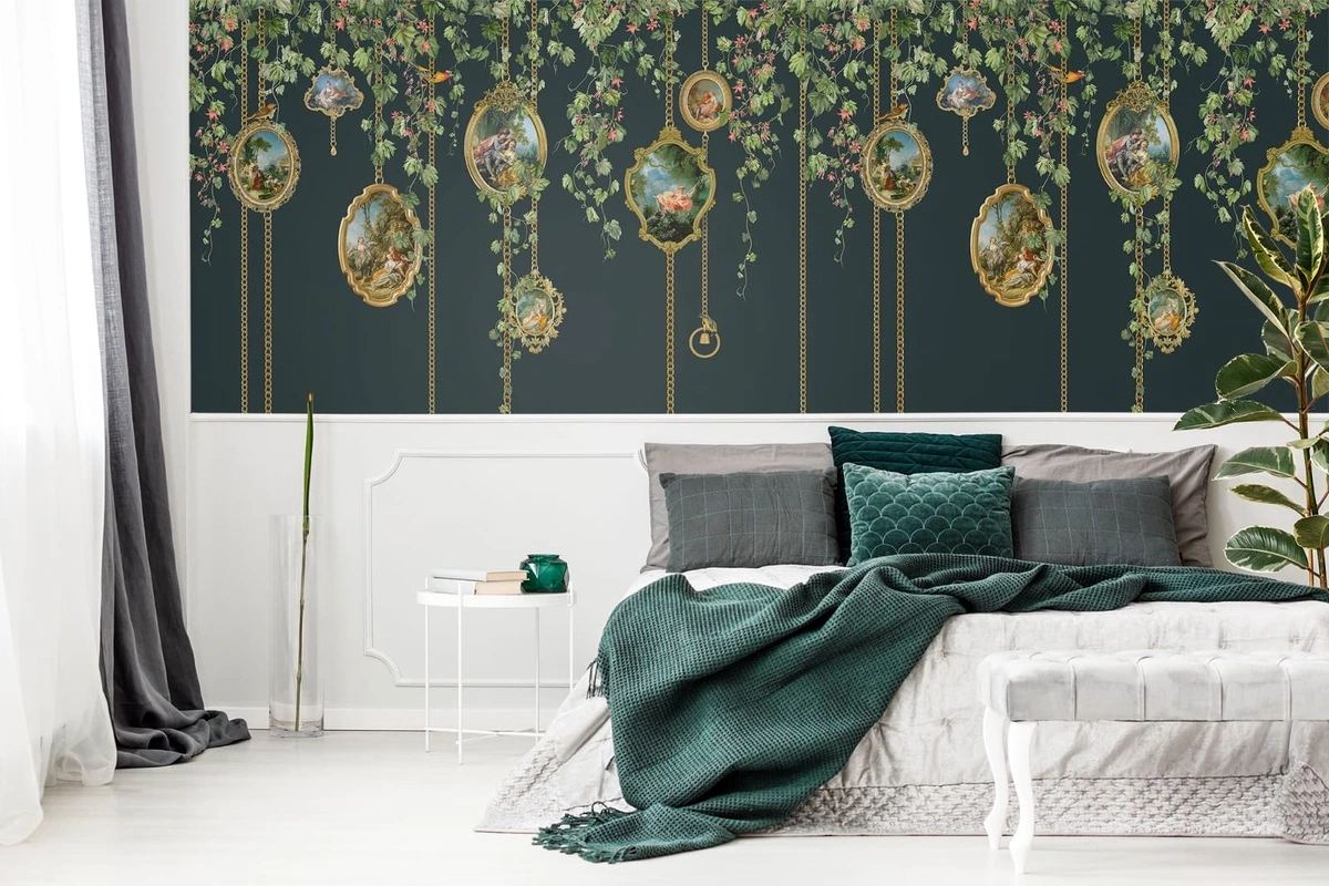 Фотообои в интерьере - живопись, картины, медальоны, ветки, листья, лианы, зеленая, темно зеленая, темные