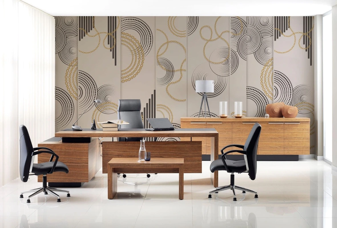 Фотообои в интерьере - геометрия, бежевые, цепи, графика, черные, золотые, на розовом фоне