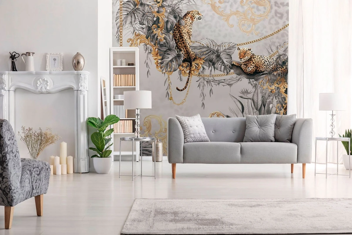 Фотообои в интерьере - в загородный дом, леопард, серая, цепи, листья, золотые