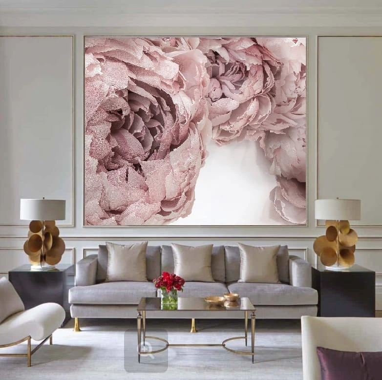 Фотообои в интерьере - цветы, пионы, серо-розовые, большие