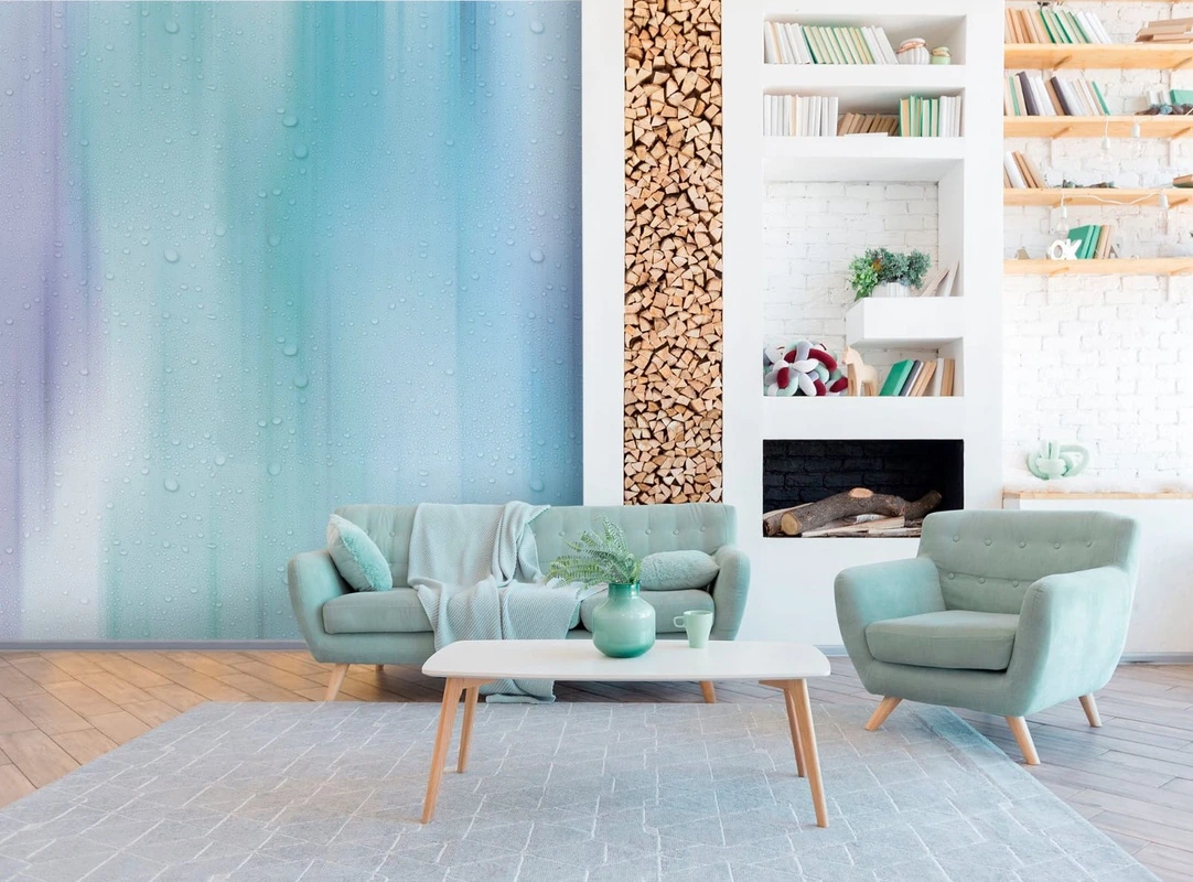 Фотообои в интерьере - флюиды, сиренево-голубая, яркая, смешение красок