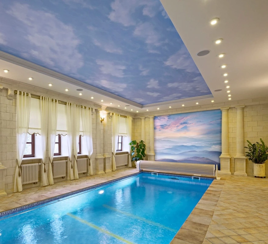 Фотообои в интерьере - пейзаж, горы, небо, синий, релакс, в бассейн