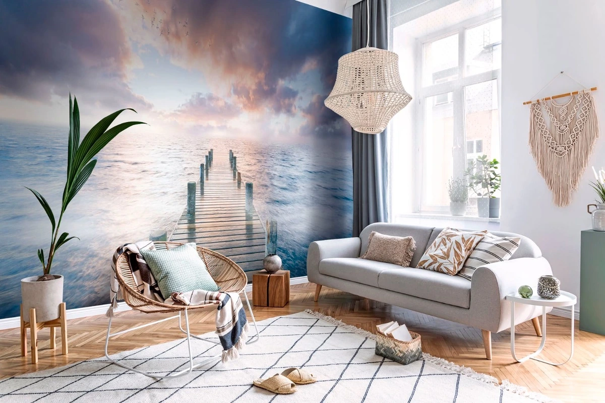 Фотообои в интерьере - пейзаж, релакс, морской, море, небо, яркие, мостик