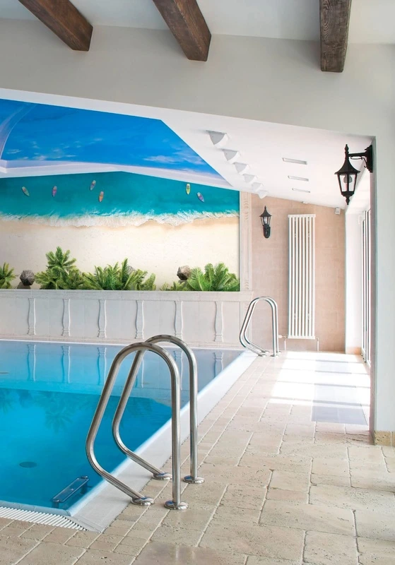 Фотообои в интерьере - пейзаж, релакс, берег моря, яркие, пальмы, в бассейн