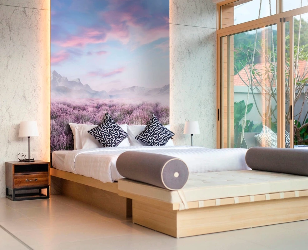 Фотообои в интерьере - пейзаж, релакс, лавандовое поле, голубое небо, синий, сиреневая