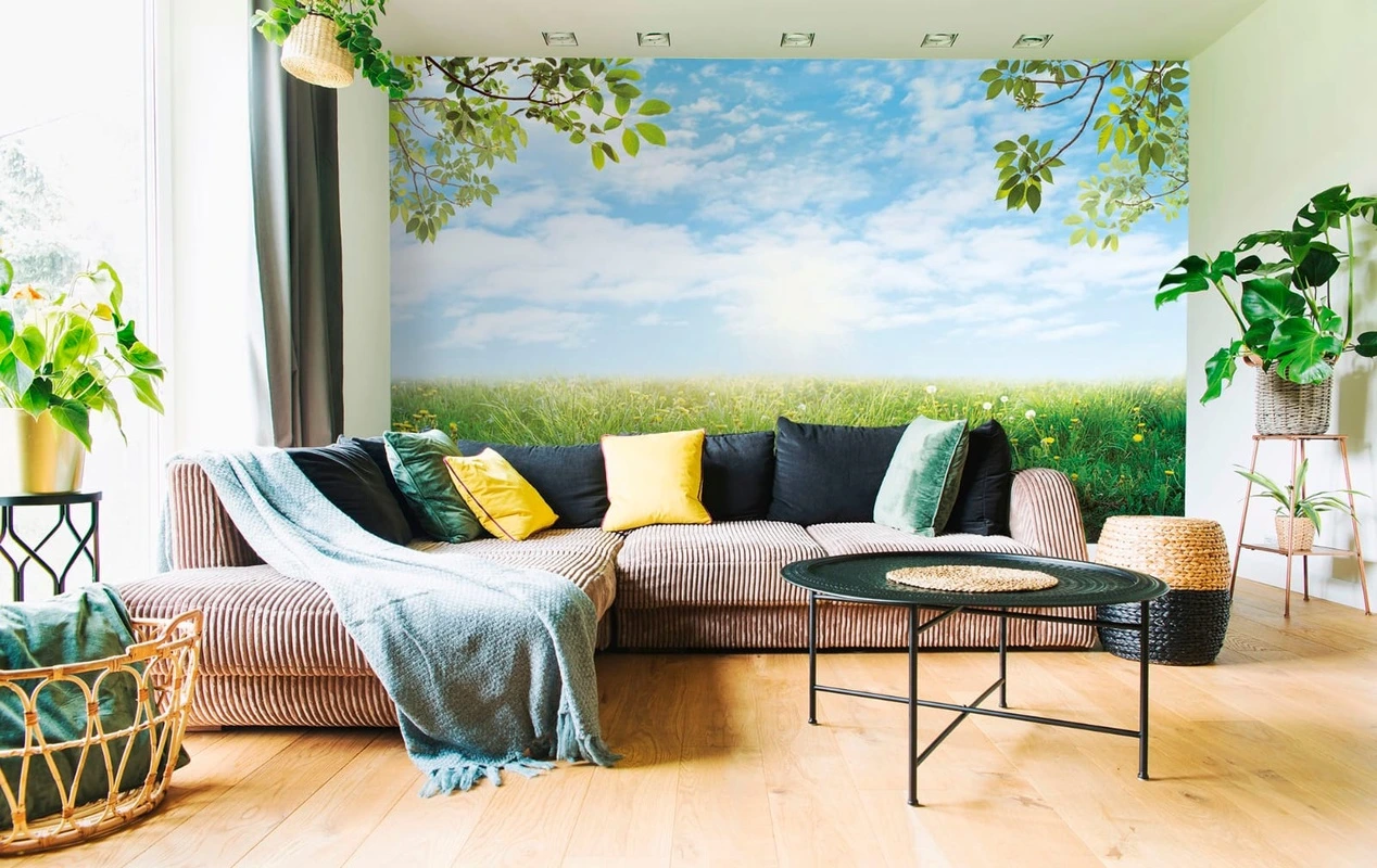 Фотообои в интерьере - пейзаж, голубое небо, ветки дерева, зеленая поляна, поле одуванчиков