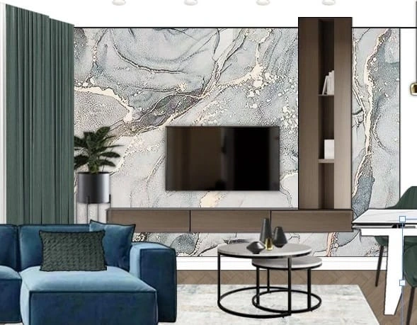 Фотообои и фрески в интерьере - флюиды, светло голубая, в гостиную