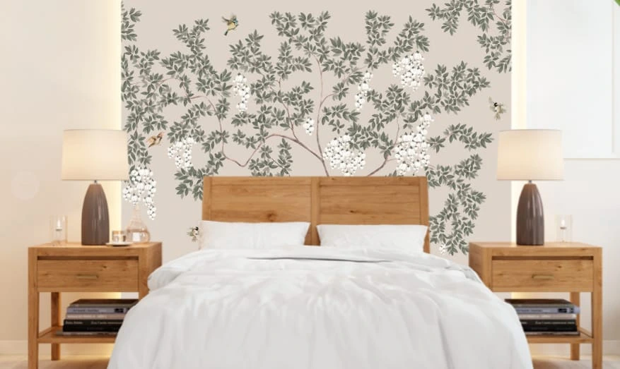 Фотообои и фрески в интерьере - графика, дерево, на бежевом фоне