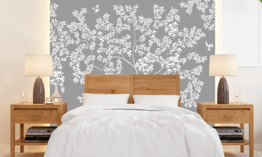 Фотообои в интерьере - графика, дерево, на сером фоне