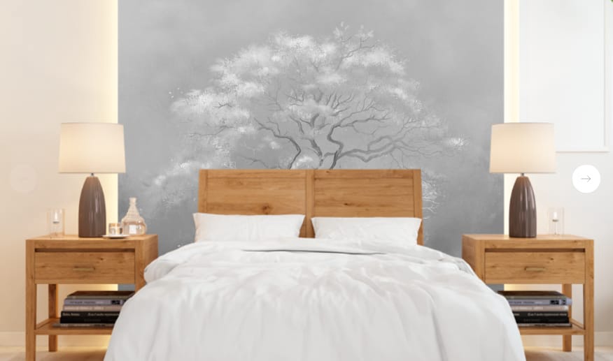 Фотообои в интерьере - современные, дерево, на сером фоне, белое