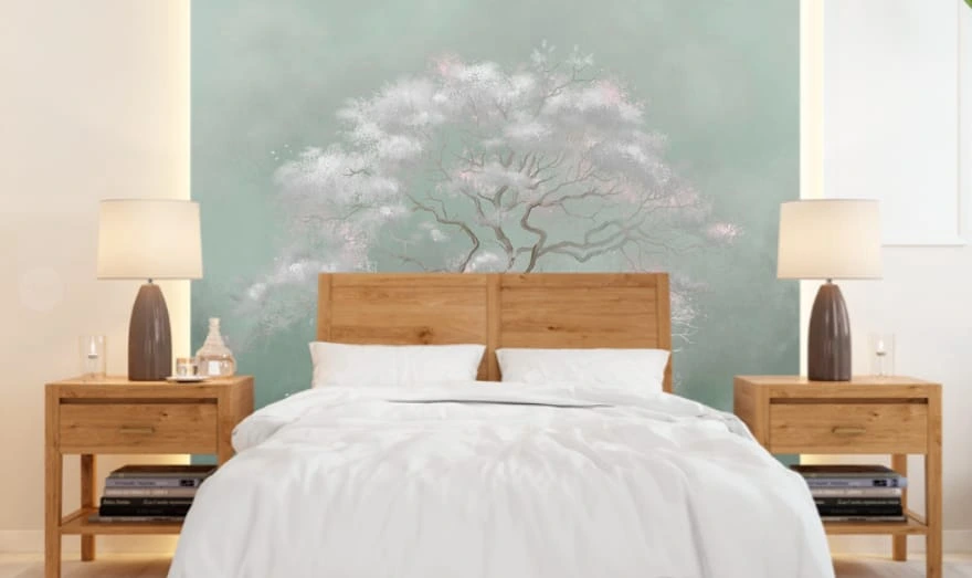 Фотообои и фрески в интерьере - современные, дерево, на салатовом фоне, белое