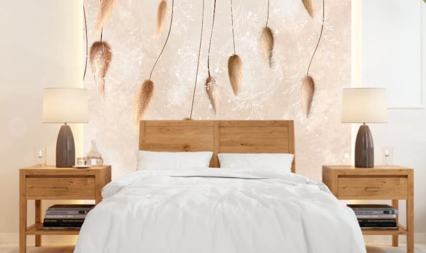 Фотообои в интерьере - современные, персиковая, листья, бутоны