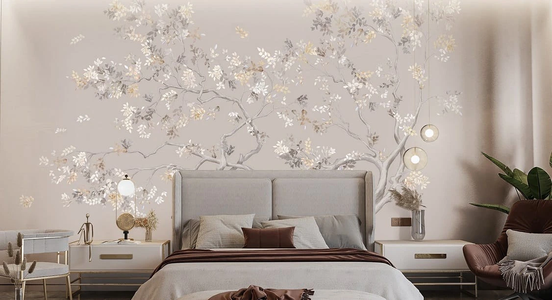 Фотообои и фрески в интерьере - новинки, современные,  бежевые, дерево, листья, золотые, красивые, хорошего качества, итальянская, нежные, необычная, уникальные, лучшие, самые красивые