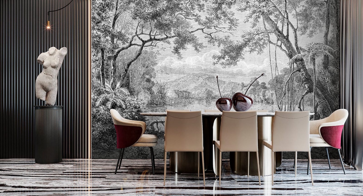 Фотообои и фрески в интерьере - новинки, графика, современные,  гравюра, лес, ветки, деревья, черные, пейзаж графический