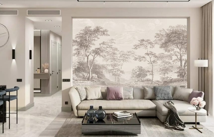 Фотообои и фрески в интерьере - пейзаж, лес, природа, серый лес, красивые обои лес, в спальню, спальни лес, на стену лес, новинки