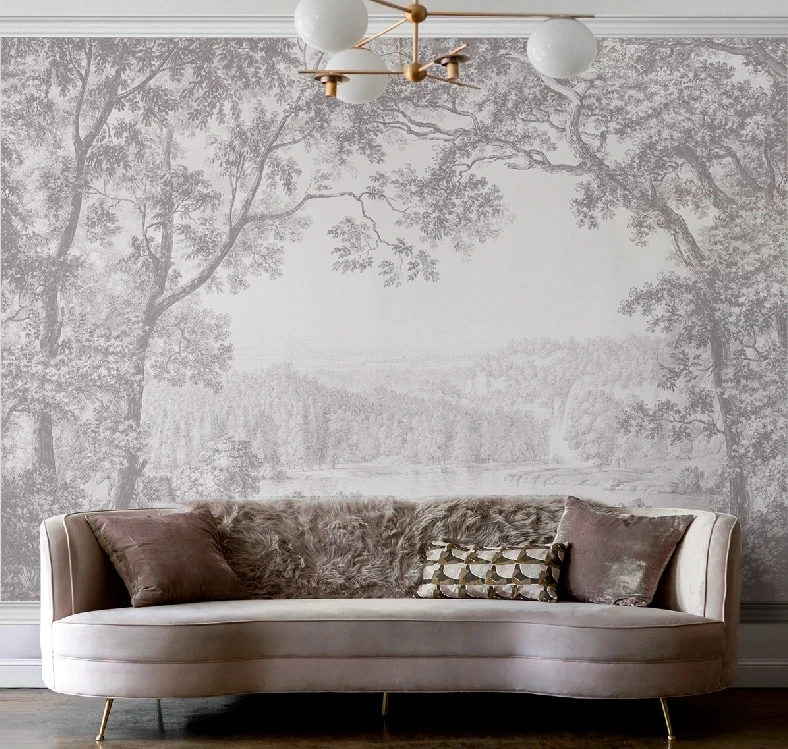 Фотообои в интерьере - пейзаж, черно-белые, деревья, серый лес, в спальню, красивый лес, природа, лес на стену, новинки