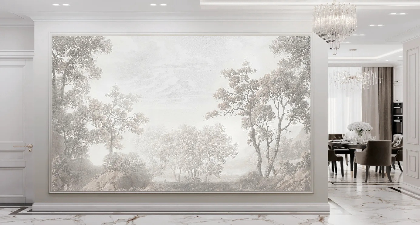 Фотообои в интерьере - пейзаж, лес, деревья, серые, красивый лес, лес в тумане, деревья в тумане, туманный лес, лес в интерьере