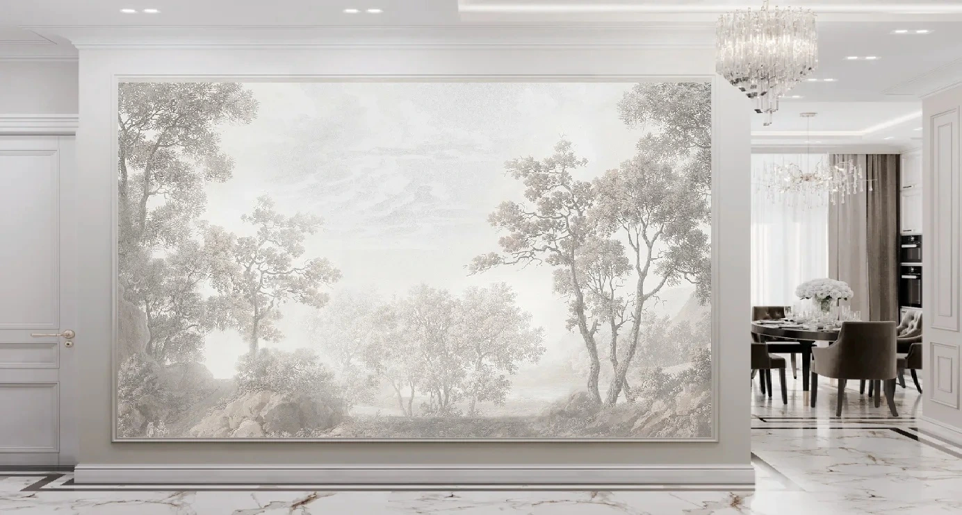 Фотообои и фрески в интерьере - пейзаж, лес, деревья, серые, красивый лес, лес в тумане, деревья в тумане, туманный лес, лес в интерьере, новинки